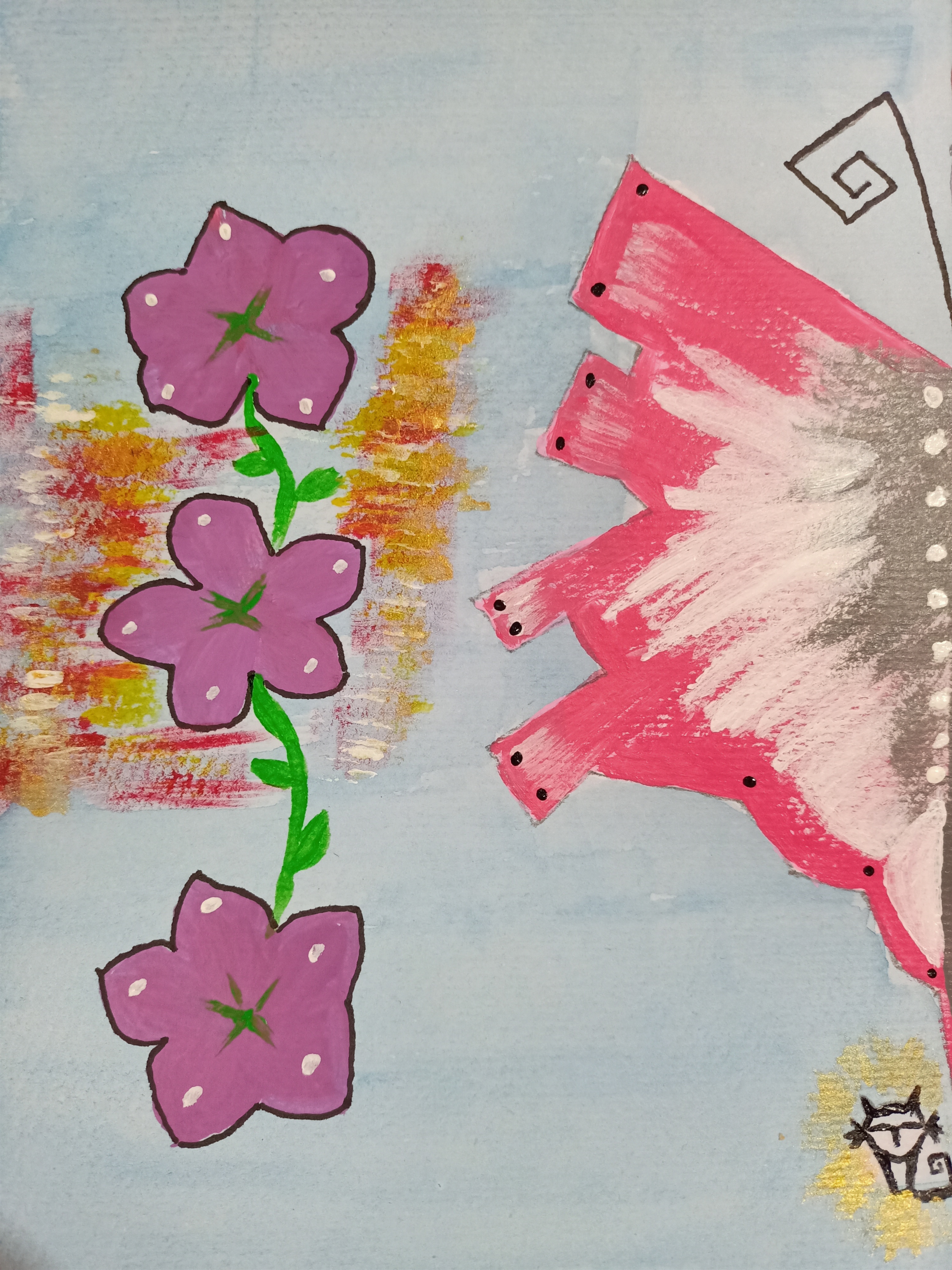 Hand-drawn illustration featuring purple flowers beside half of a pink butterfly-like wing with angular, mechanical details.