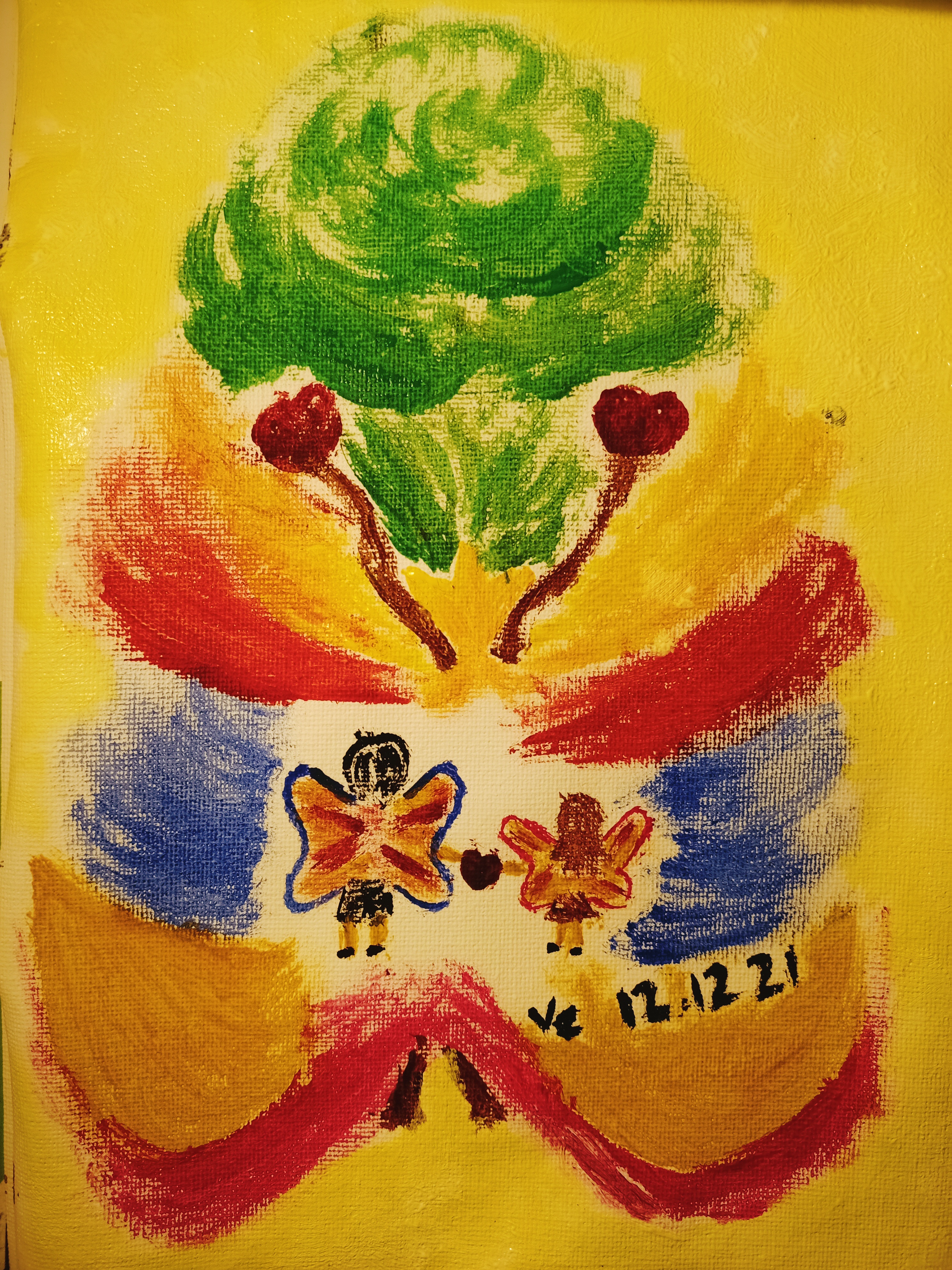 Colourful hand-drawn butterfly with symmetrical rainbow-like wings in red, orange, yellow and blue, beneath a green floral shape on a bright yellow background.