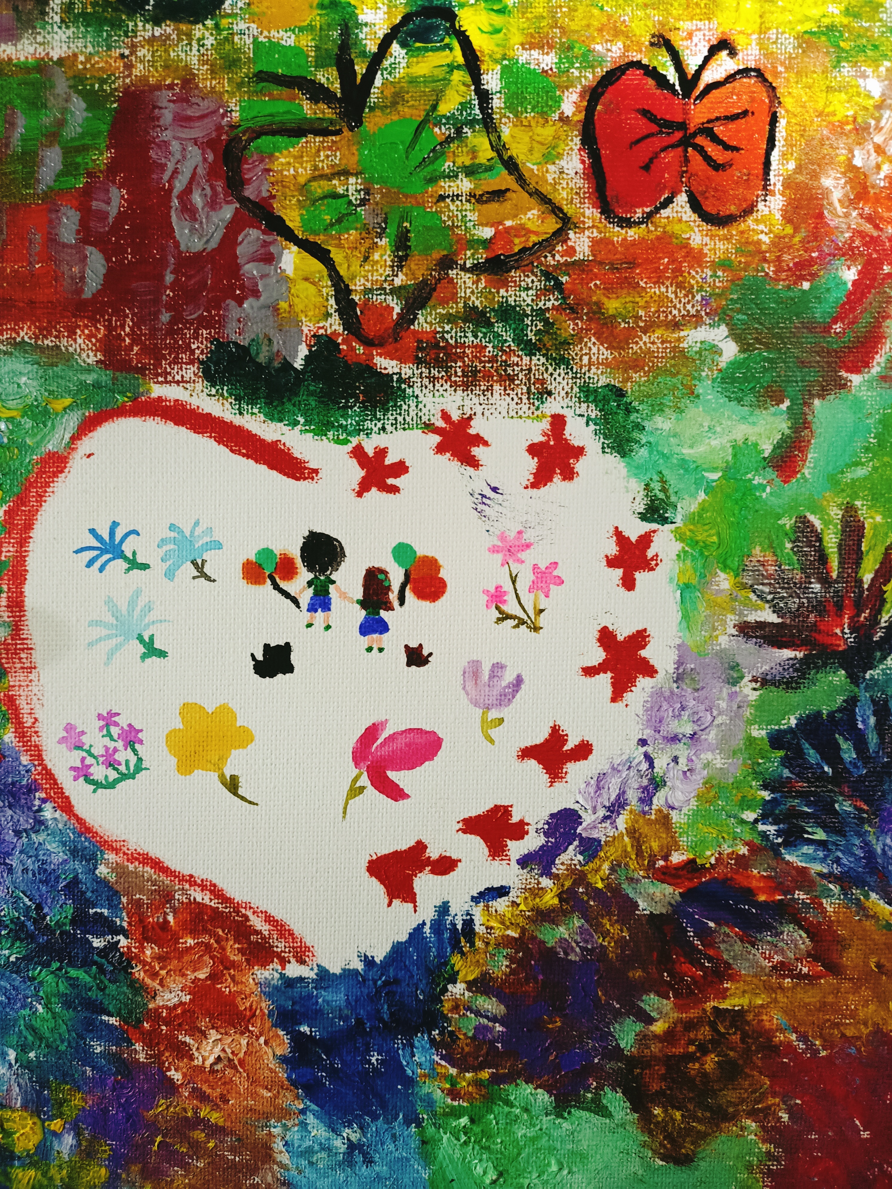 Colourful hand-drawn artwork featuring a large white heart-shaped centre surrounded by vibrant floral, leafy, and abstract patterns in red, green, blue, orange, and green tones.