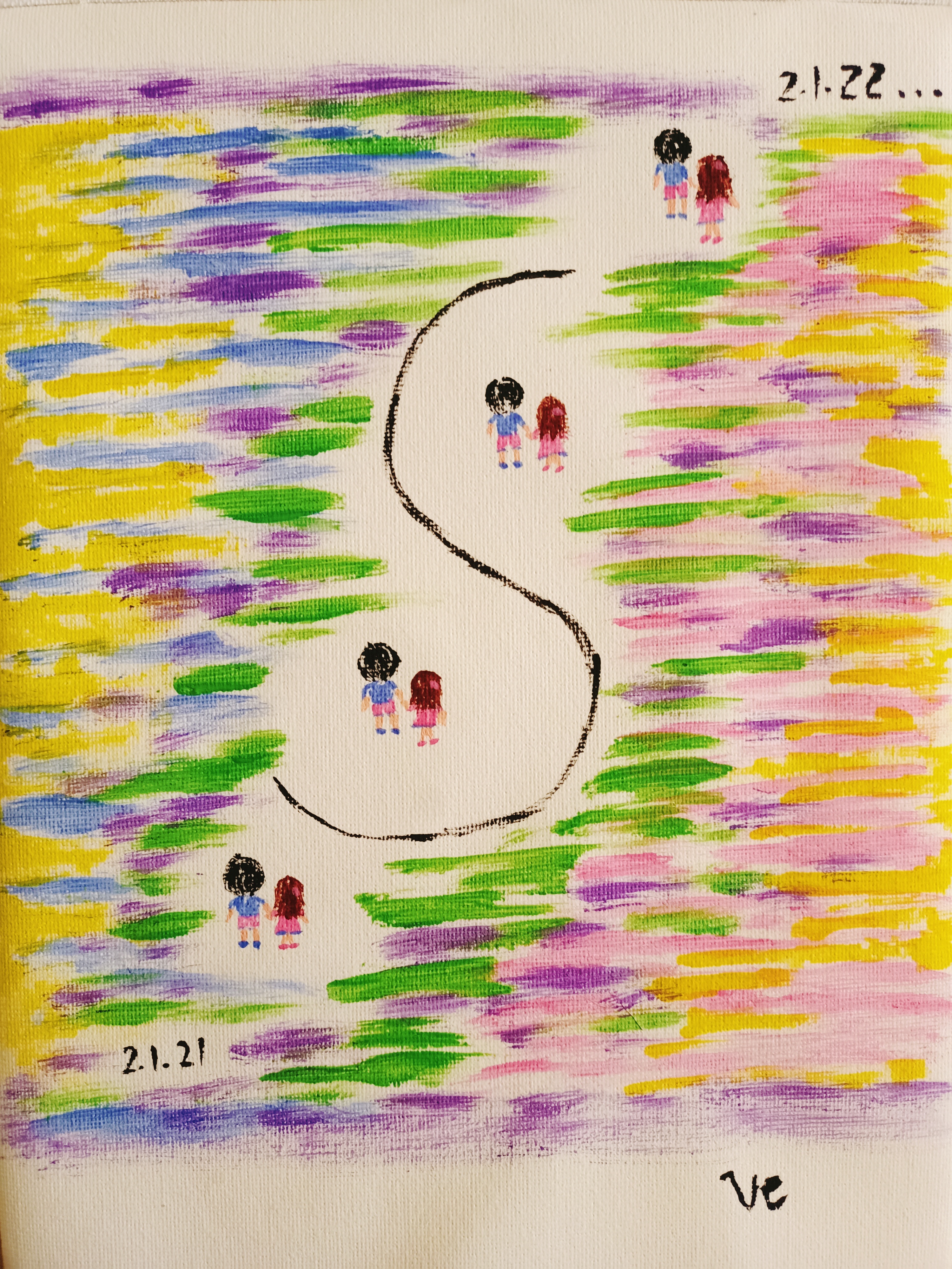 Abstract hand-drawn illustration featuring a flowing S-shaped line at the centre, surrounded by colourful horizontal strokes in yellow, green, purple and pink.