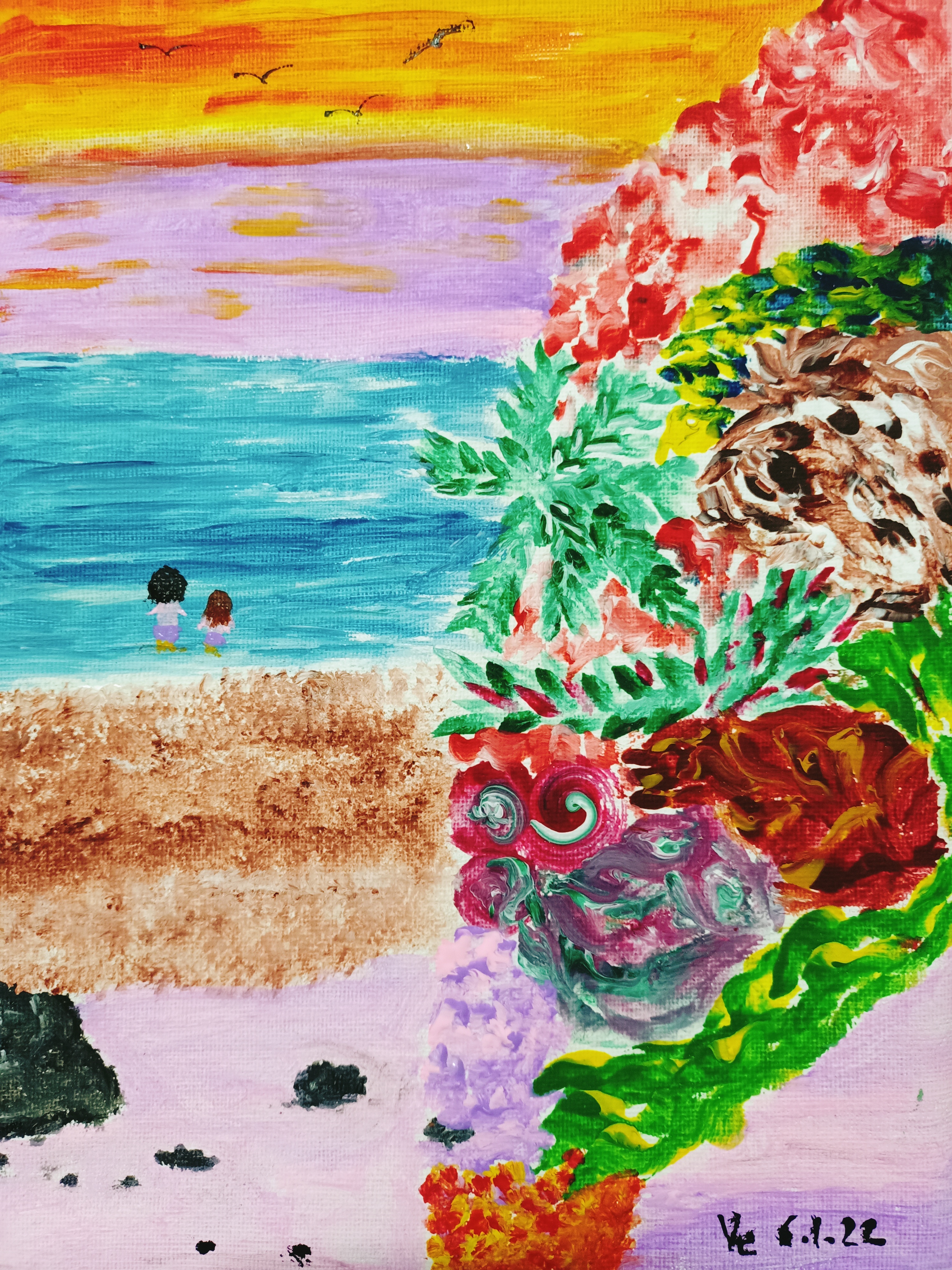 Colourful hand-drawn coastal landscape featuring turquoise water, a sandy shoreline, lush green plants, red and pink flowers, and textured earth-toned forms.
