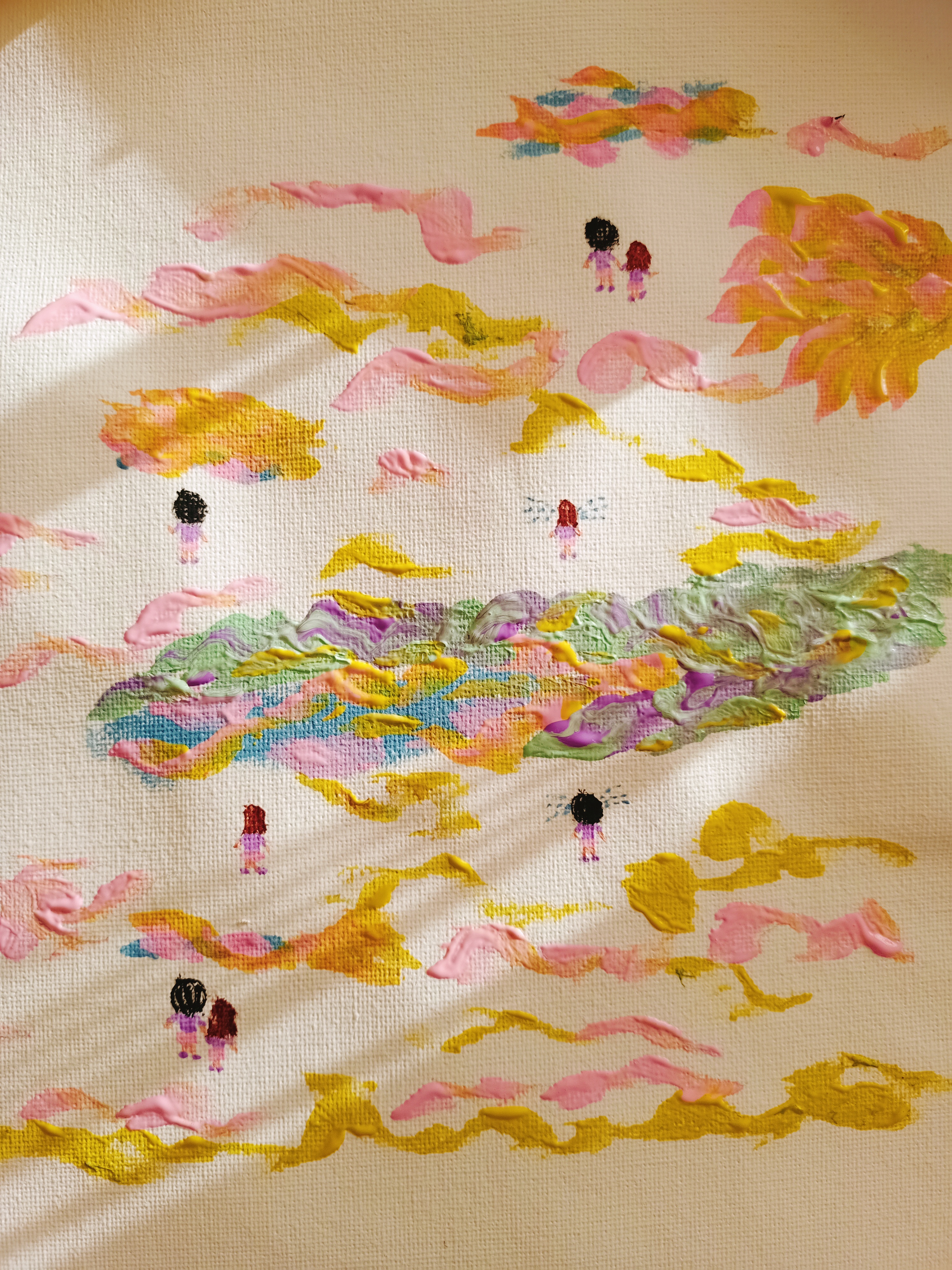 Abstract hand-drawn landscape in golden yellow, cream, pink and orange, with flowing horizontal bands, colourful textured shapes and tiny dark silhouettes scattered throughout. 