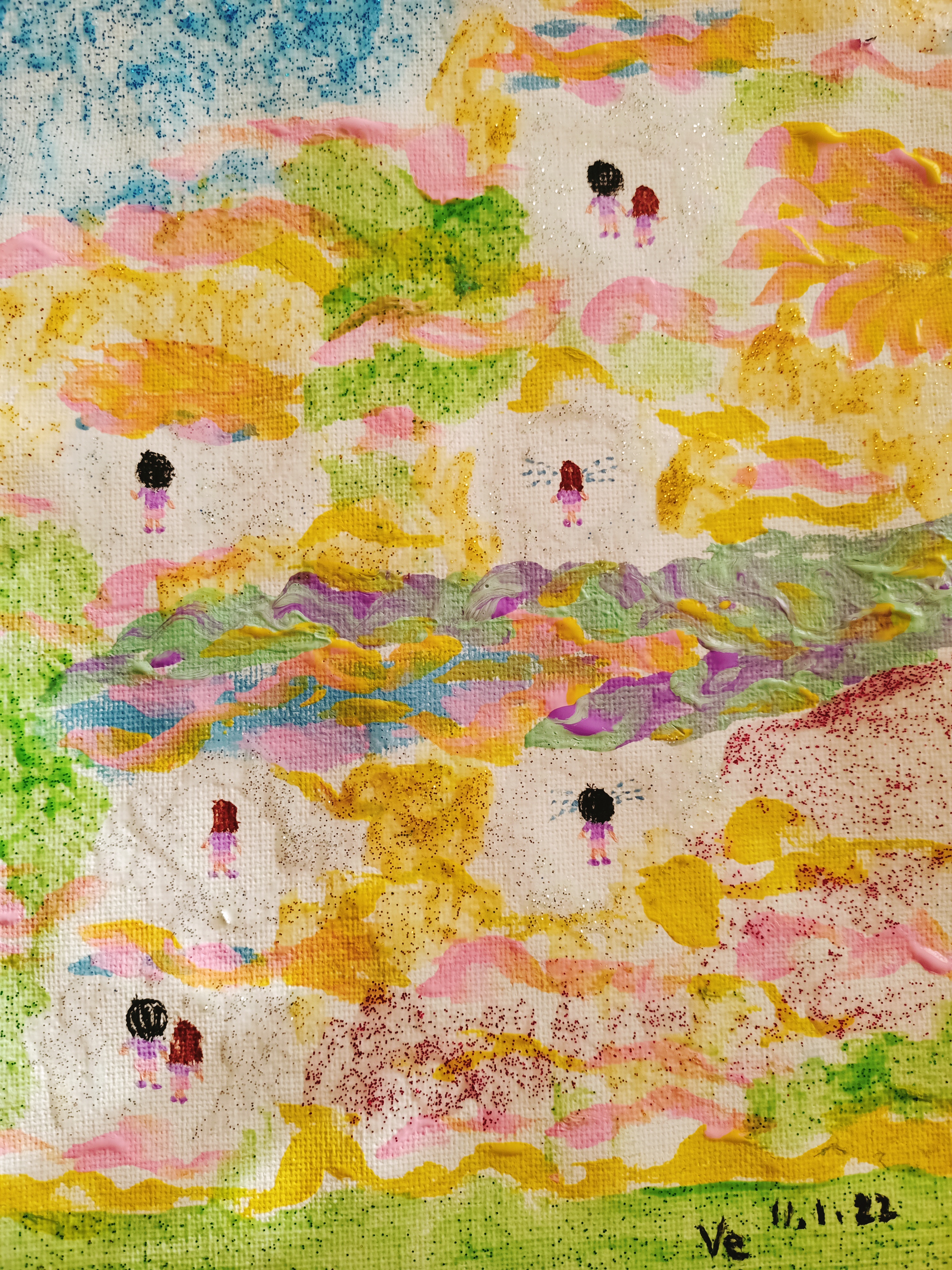 Colourful abstract hand-drawn illustration with scattered white and purple flower-like shapes, warm yellow and orange strokes, and green details forming a layered composition.
