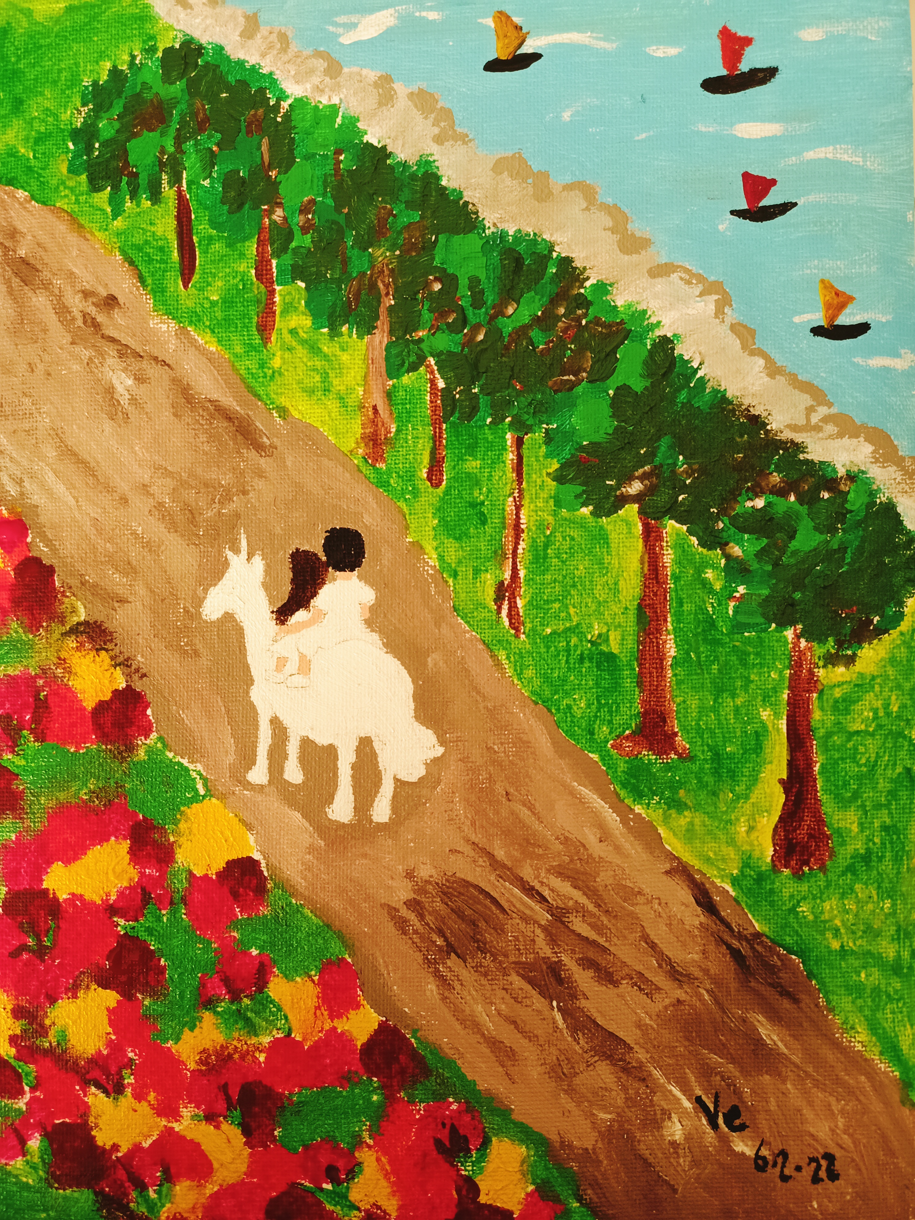 Colourful hand-drawn landscape featuring two small white figures walking together along a winding brown path, surrounded by green trees, red flowers and birds flying across a blue sky.