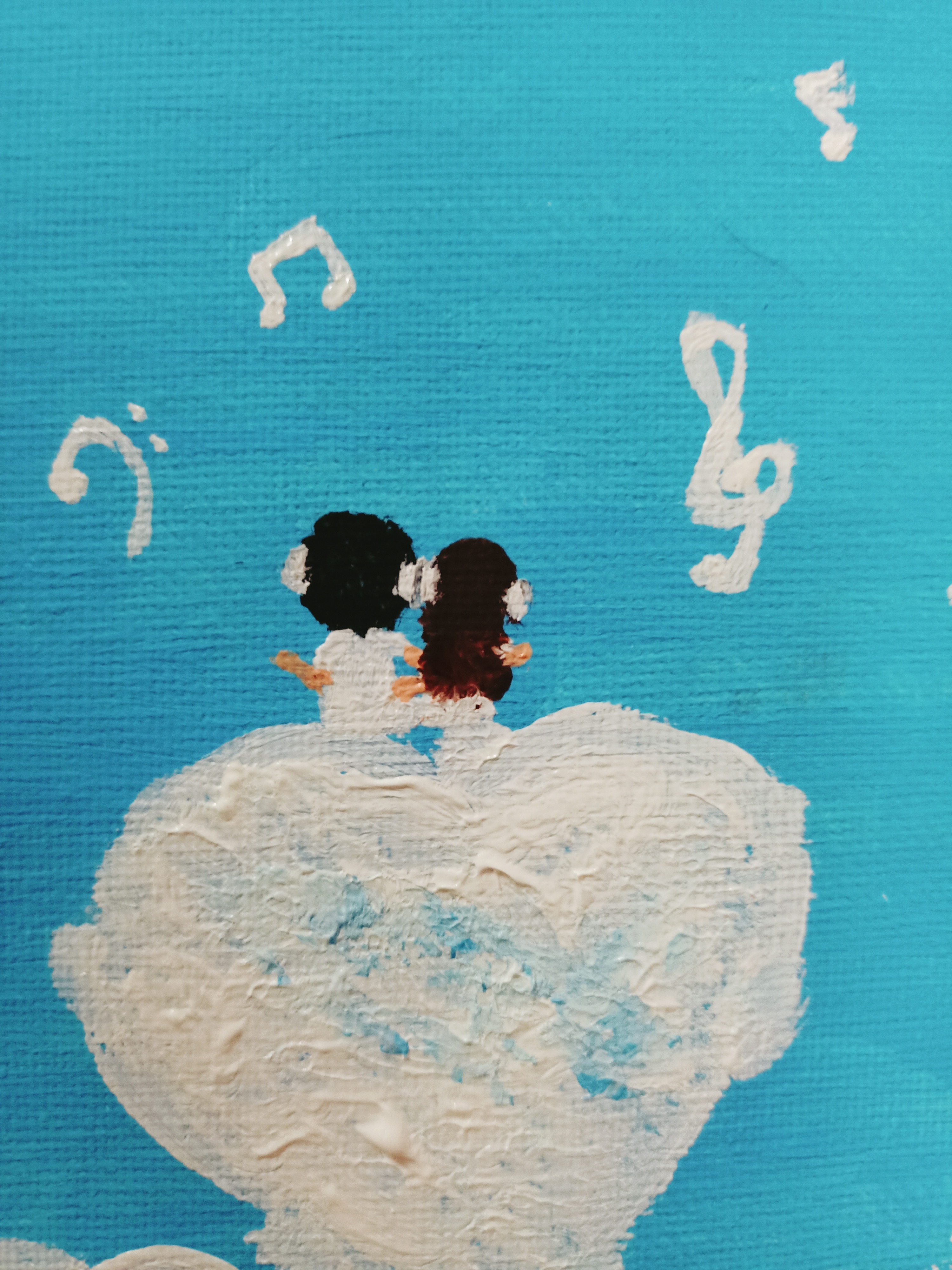 Hand-drawn illustration of two small figures sitting together on a fluffy white cloud against a turquoise-blue sky, surrounded by floating musical notes.