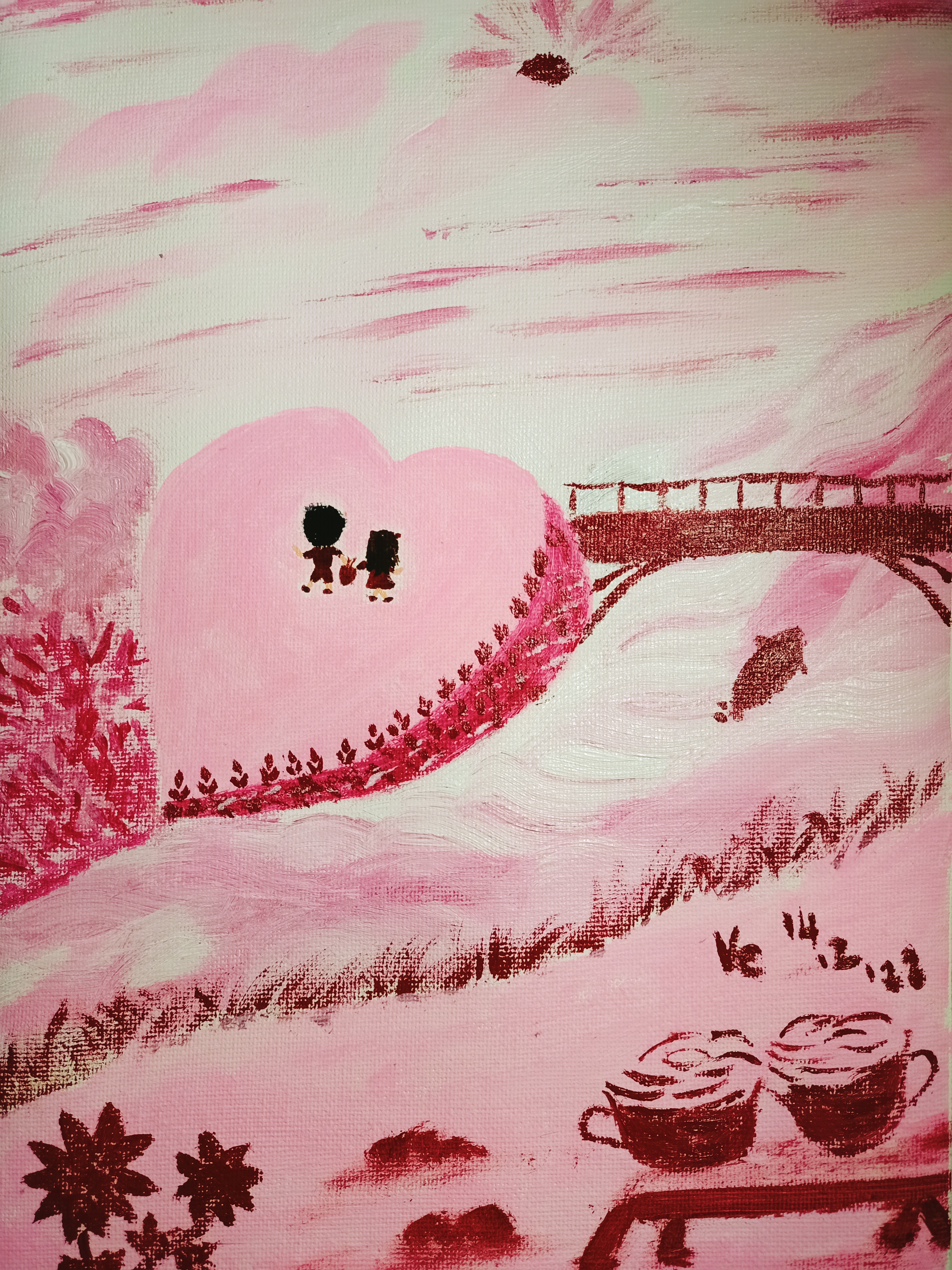 Abstract hand-drawn illustration in soft pink, rose and red, featuring flowing curved lines, a rounded shape, small dark markings and decorative flower-like patterns.