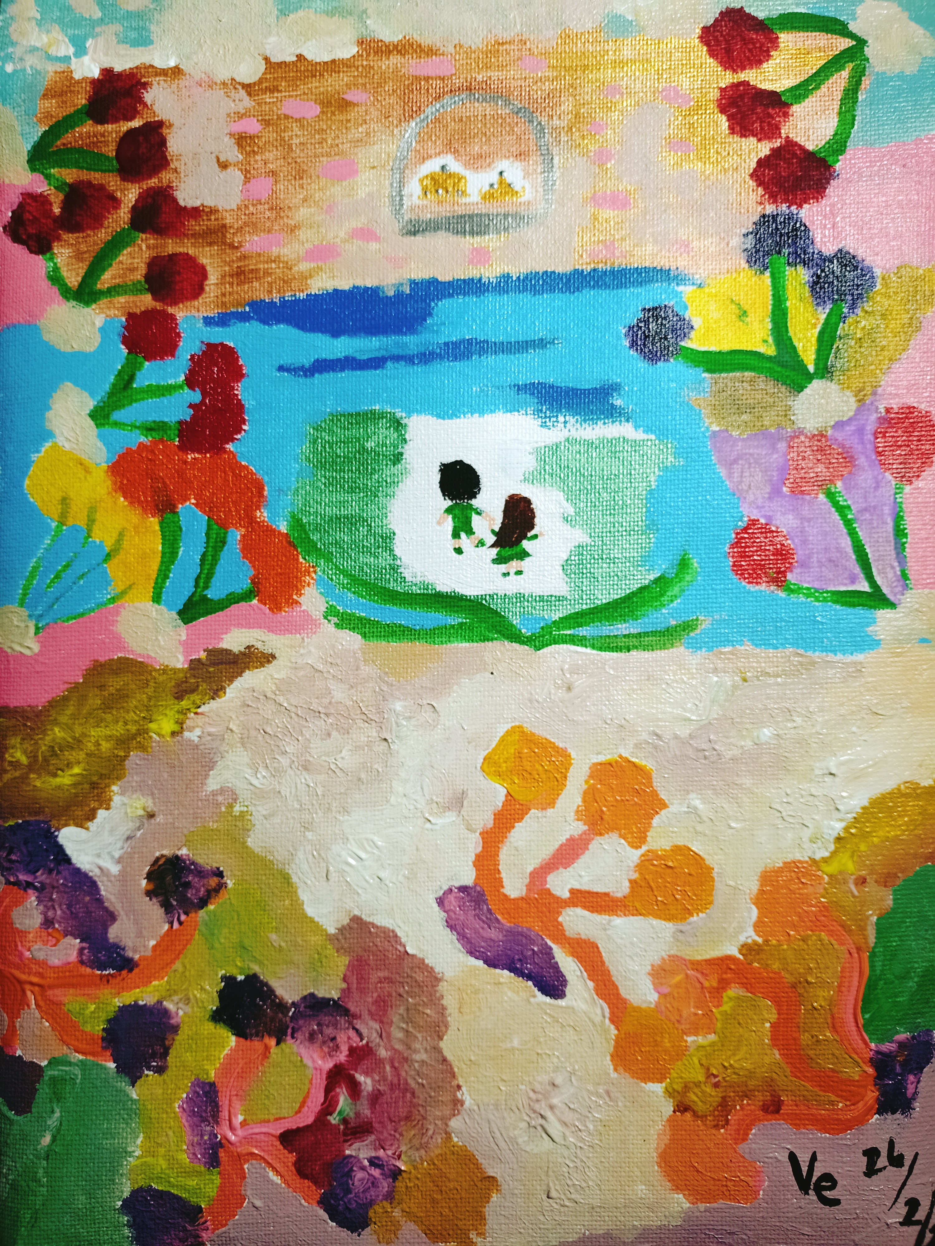 Colourful hand-drawn illustration featuring a turquoise-blue central scene with two tiny figures, surrounded by bright floral and abstract shapes in orange, pink, green and purple.