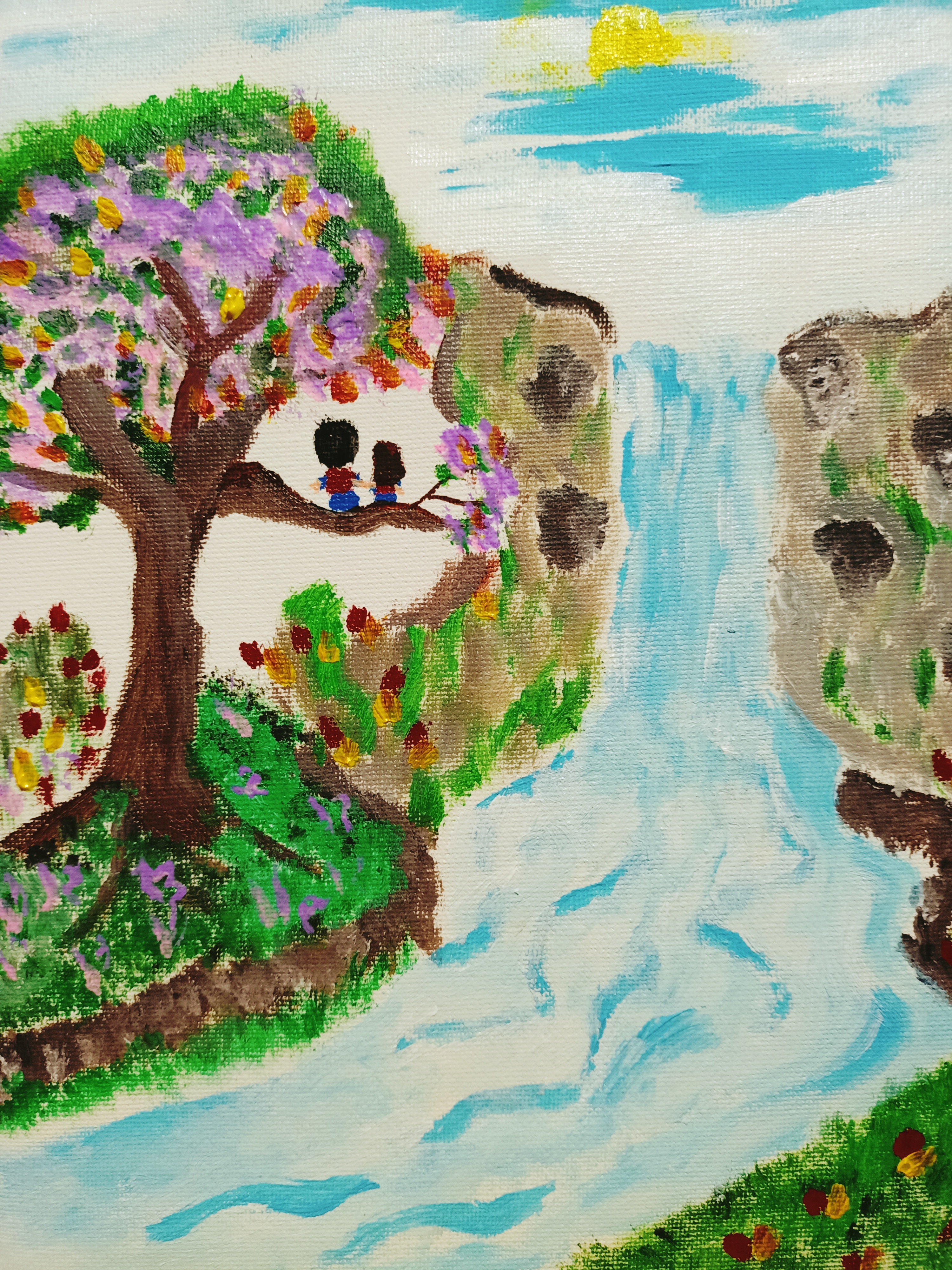 Colourful hand-drawn landscape featuring a pale blue river flowing between green hills, a pink-blossomed tree, lush vegetation and a waterfall beneath a bright sky.