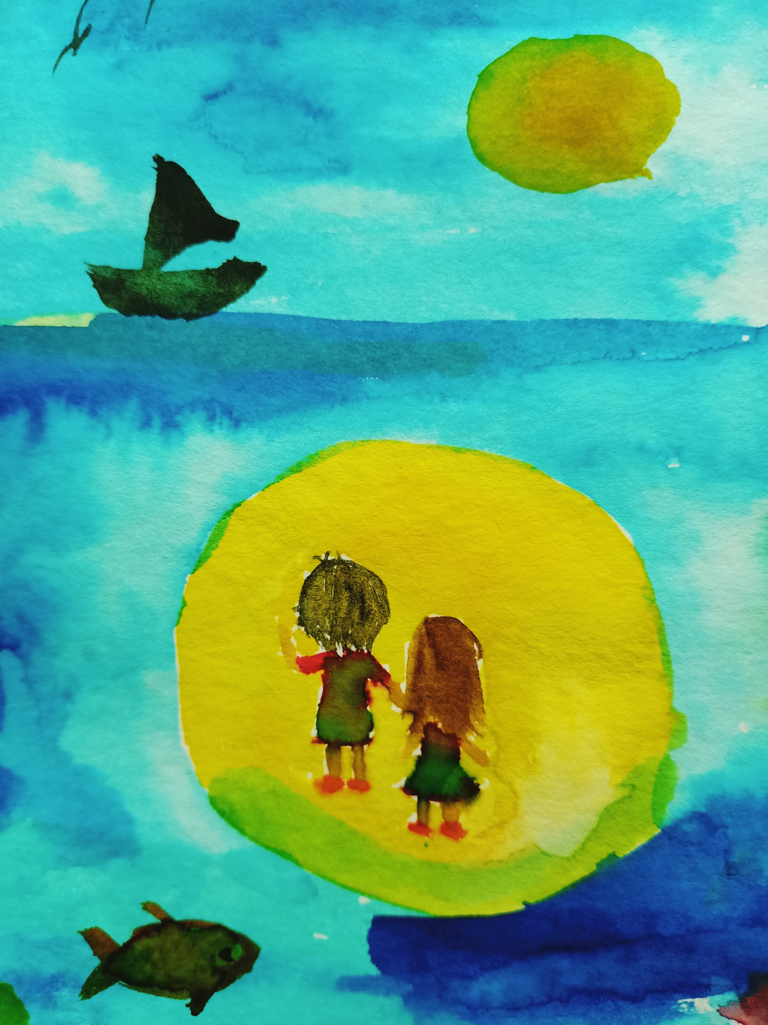 Colourful hand-drawn illustration in turquoise blue, featuring two small figures standing inside a bright yellow circle, with dark silhouettes of marine creatures, a floating shape and a yellow sun-like form.