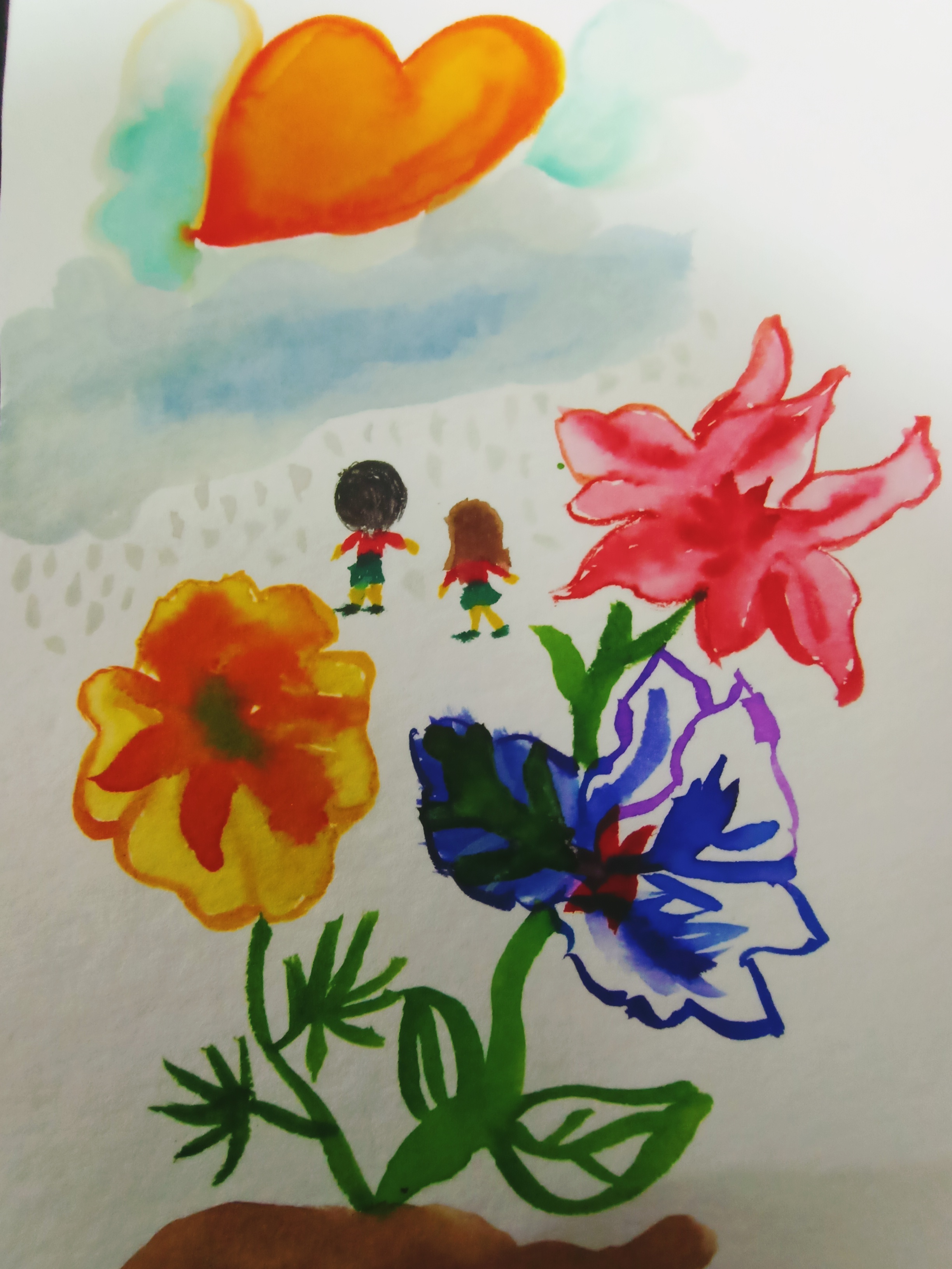 Hand-drawn illustration featuring three colourful flowers in orange, pink and blue, two tiny figures standing between them, and a large orange heart floating above against a pale background.
