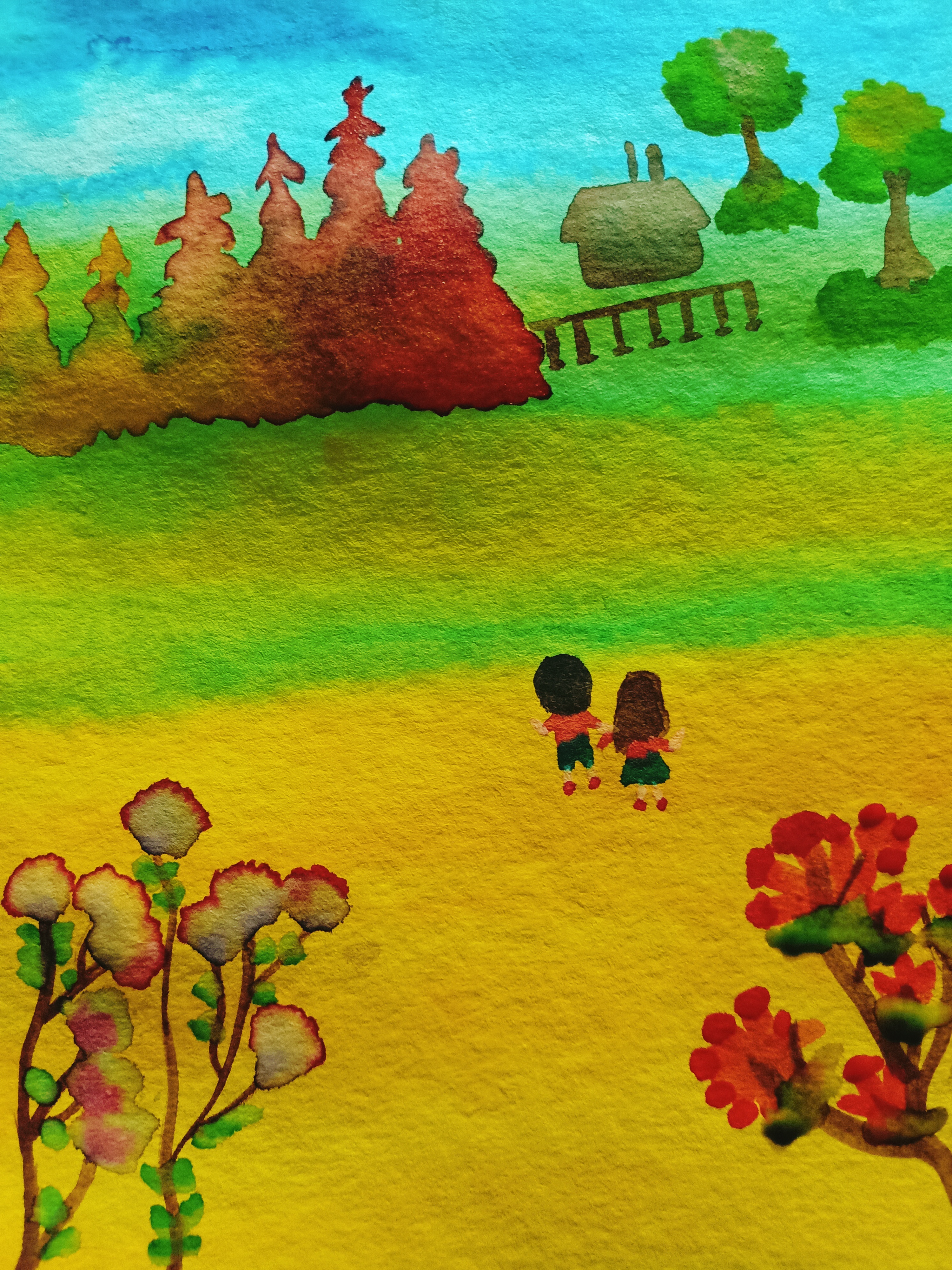 Colourful hand-drawn landscape featuring two small figures standing together in a golden field, surrounded by green hills, trees, red flowers and a bright blue sky.
