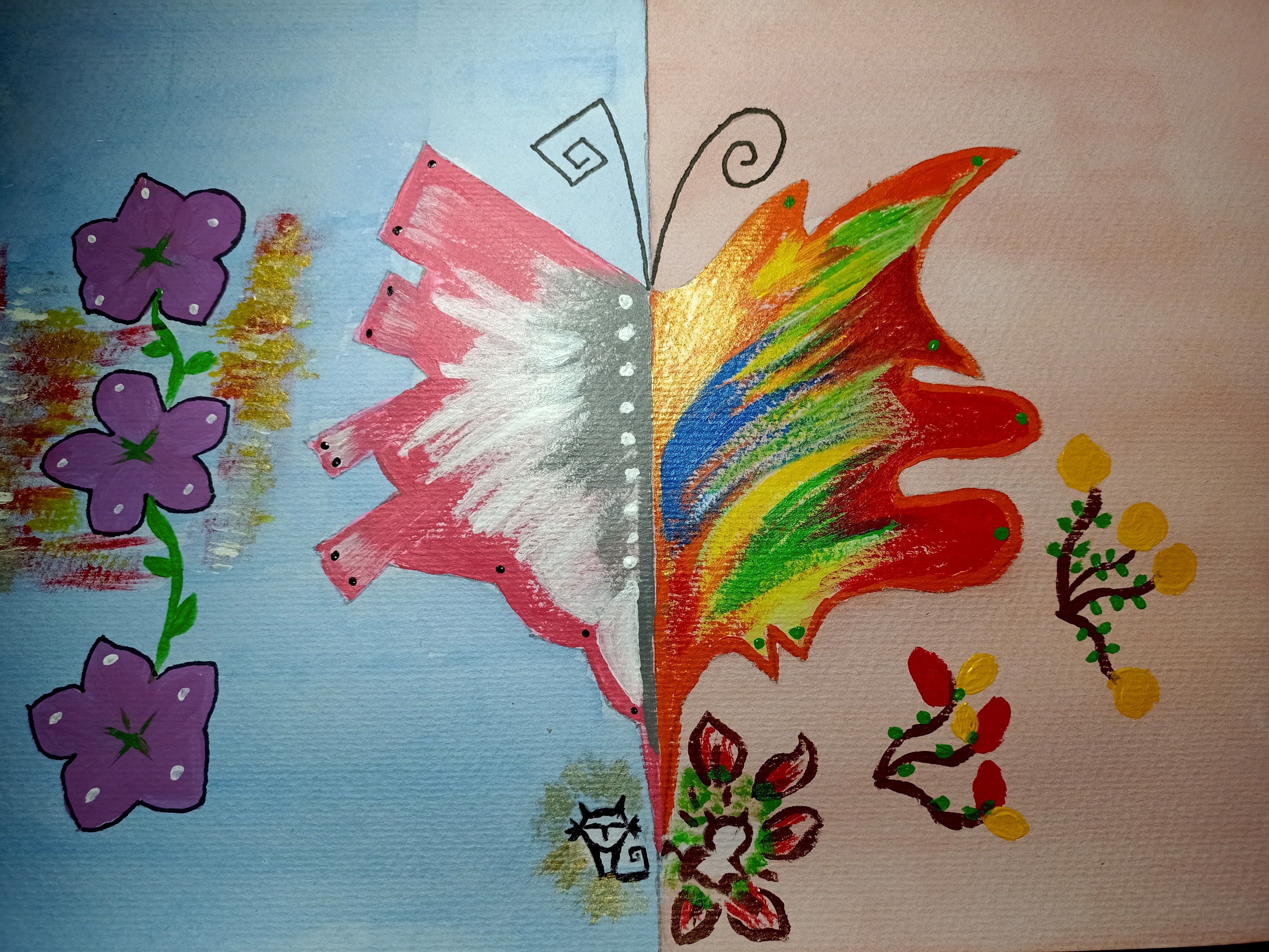 Colourful hand-drawn illustration of two contrasting butterfly-like wing forms, with pink angular strokes on one side and flowing rainbow-coloured strokes on the other, surrounded by floral details.